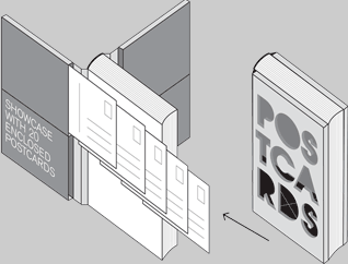 Create over 380 individual cover variations simply by changing the order of the 20 inserted postcards.